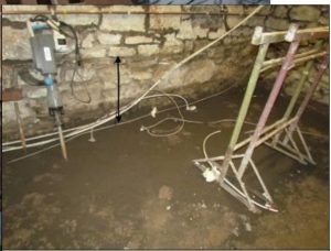 Flooded stone-walled basement with an arrow marking the water level